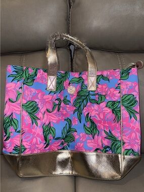 Lilly Pulitzer Pink & Blue Floral Tote with Metallic Gold Trim